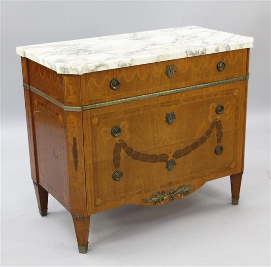 A Louis XVI style gilt metal mounted and marquetry three drawer commode, W.3ft 1.5in.